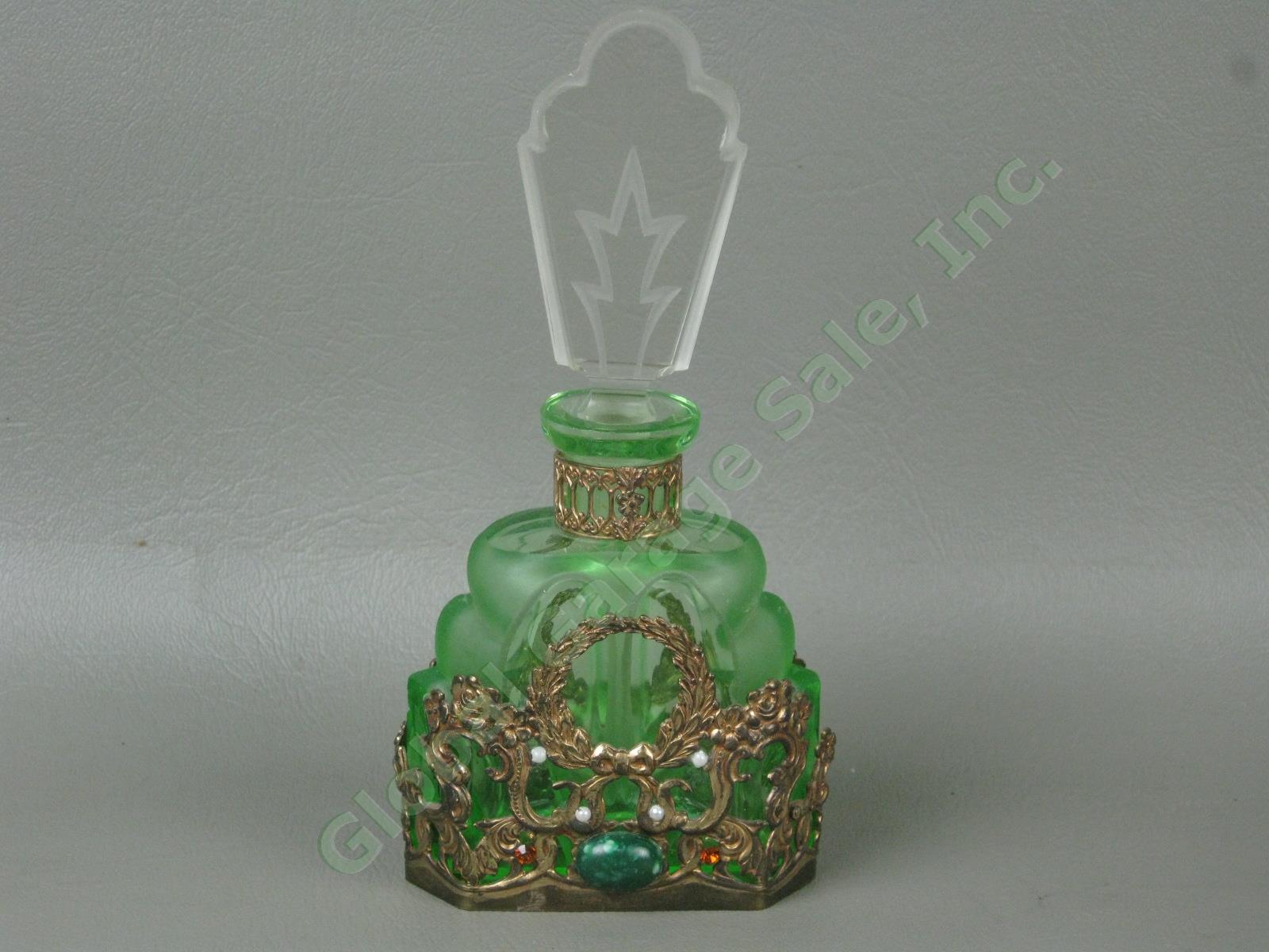 Vintage Antique Czech Green Glass Jeweled Filigree Perfume Bottle w/ Stopper NR