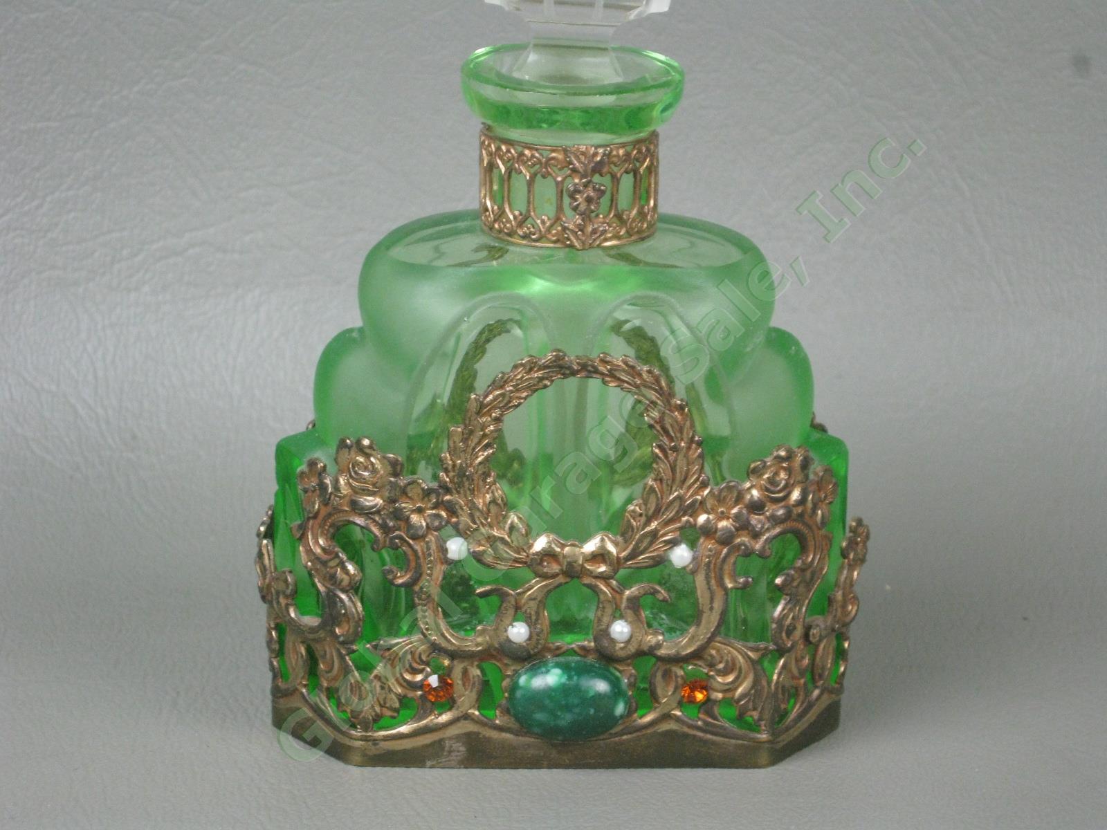 Vintage Antique Czech Green Glass Jeweled Filigree Perfume Bottle w/ Stopper NR 1