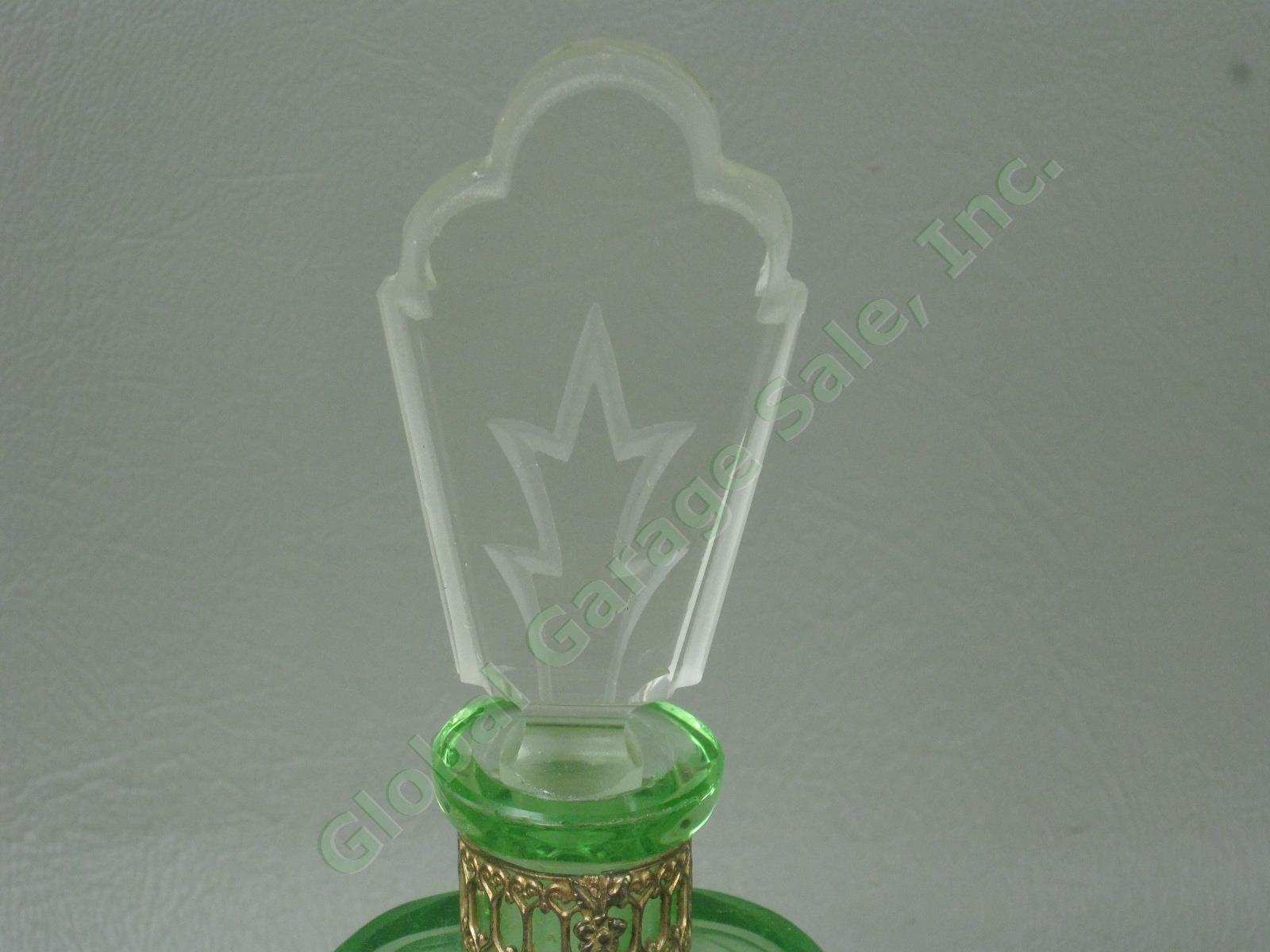 Vintage Antique Czech Green Glass Jeweled Filigree Perfume Bottle w/ Stopper NR 2