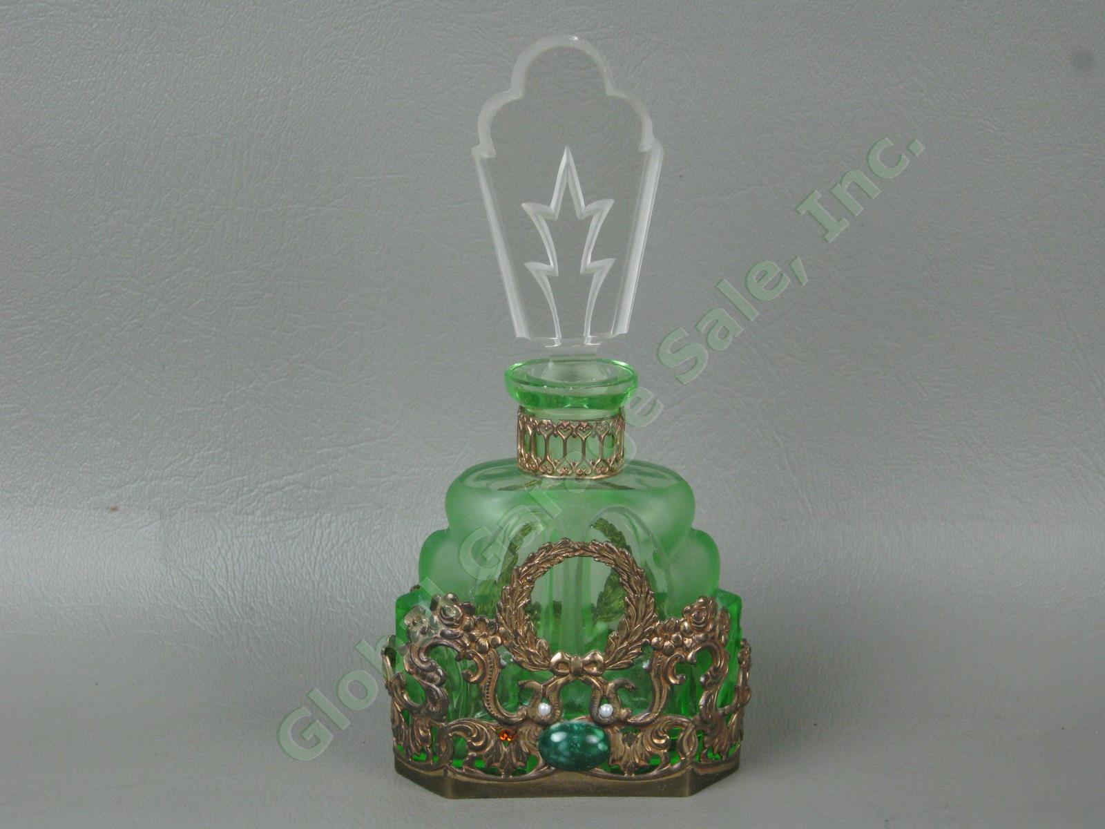Vintage Antique Czech Green Glass Jeweled Filigree Perfume Bottle w/ Stopper NR 3