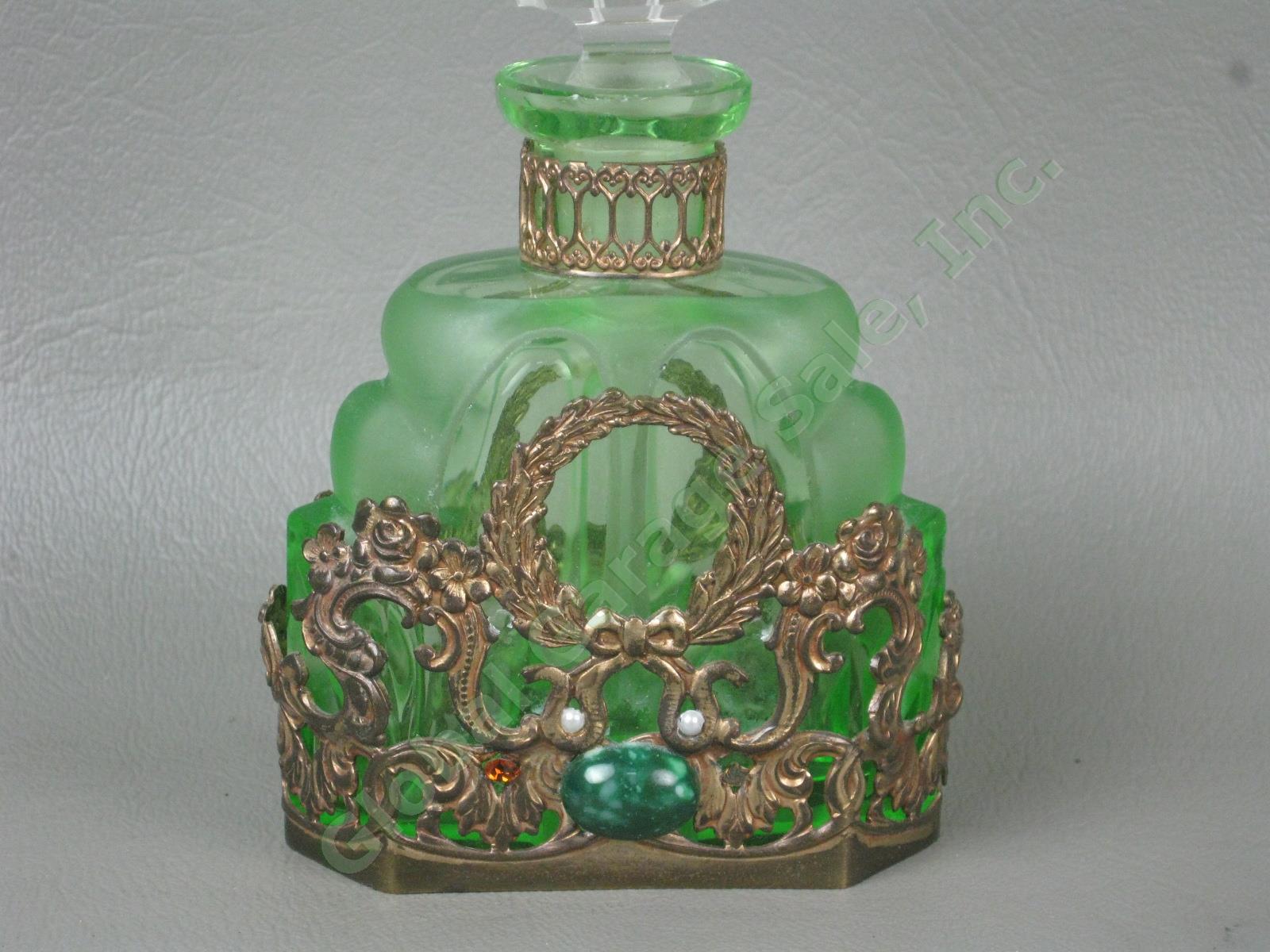 Vintage Antique Czech Green Glass Jeweled Filigree Perfume Bottle w/ Stopper NR 4