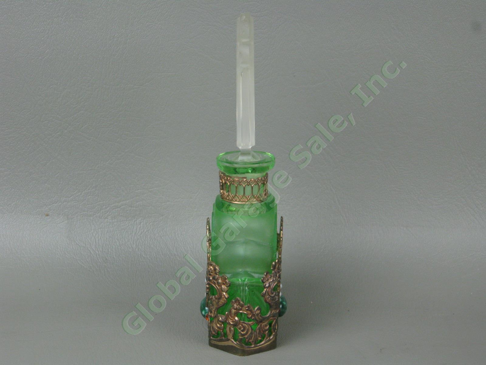 Vintage Antique Czech Green Glass Jeweled Filigree Perfume Bottle w/ Stopper NR 5