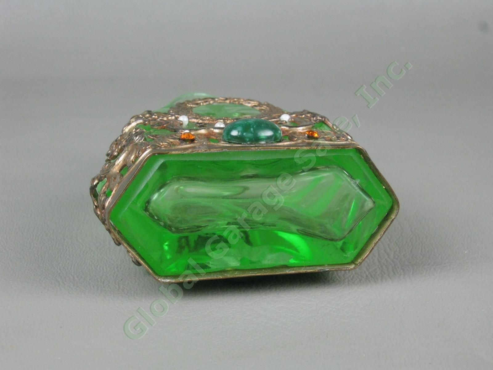 Vintage Antique Czech Green Glass Jeweled Filigree Perfume Bottle w/ Stopper NR 6