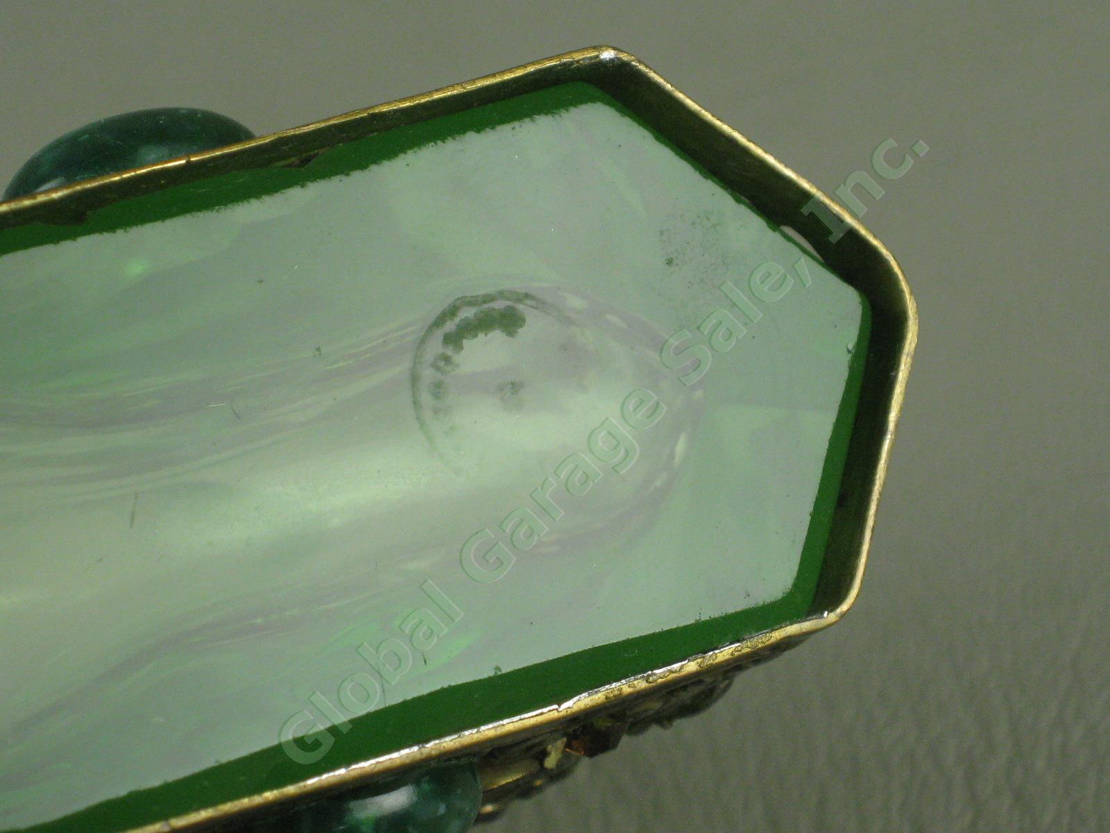 Vintage Antique Czech Green Glass Jeweled Filigree Perfume Bottle w/ Stopper NR 7