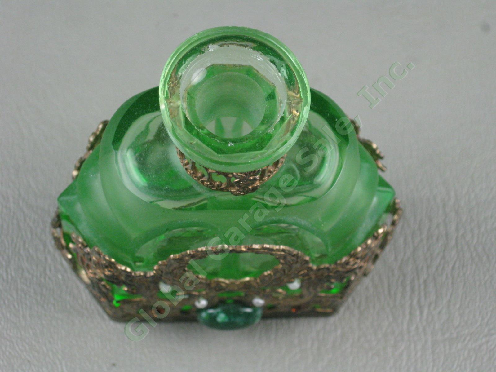 Vintage Antique Czech Green Glass Jeweled Filigree Perfume Bottle w/ Stopper NR 8