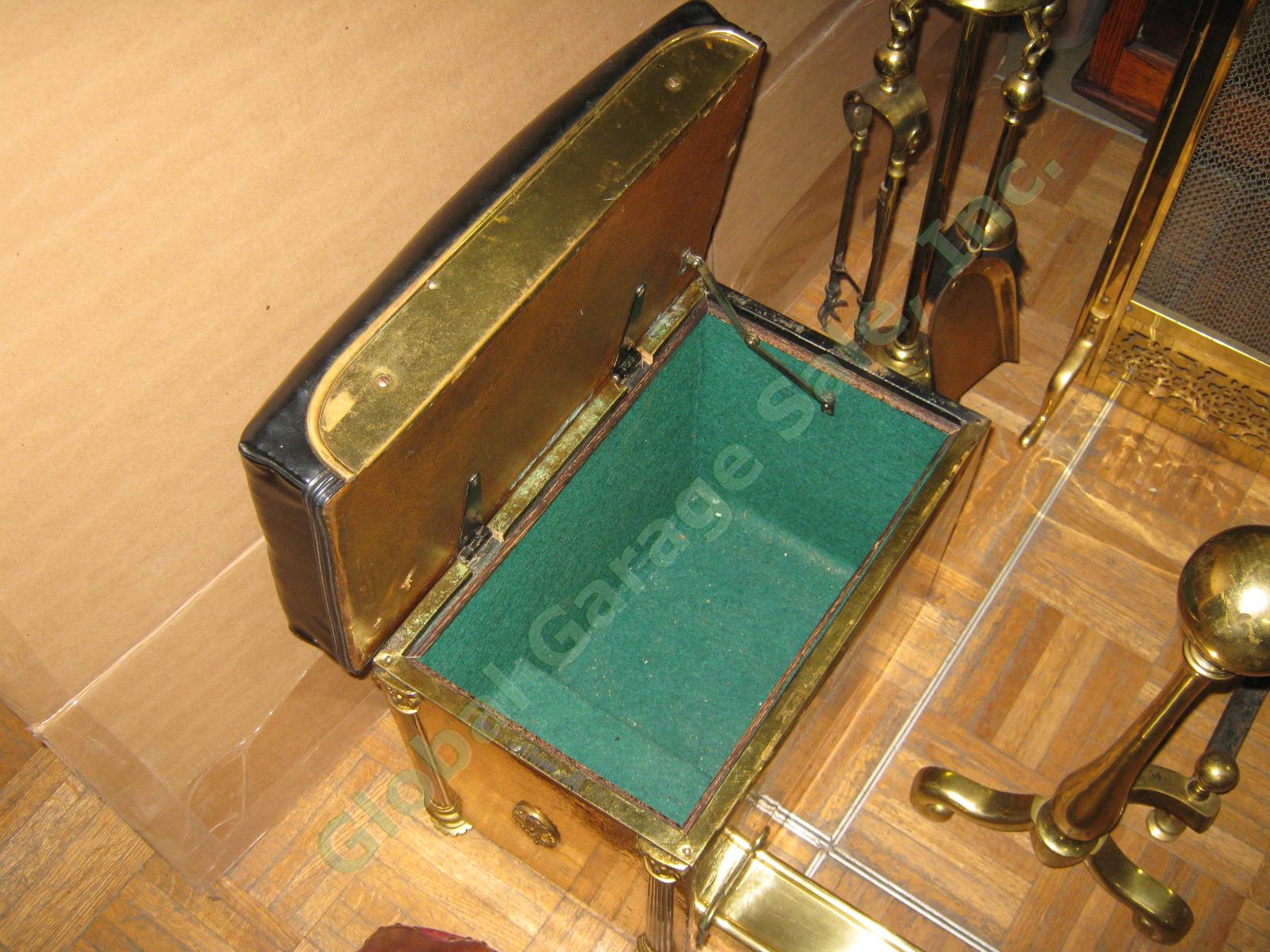 Vtg Antique Brass Fireplace Fender Screen Seats Andirons Tool Bellows Warmer Set 4