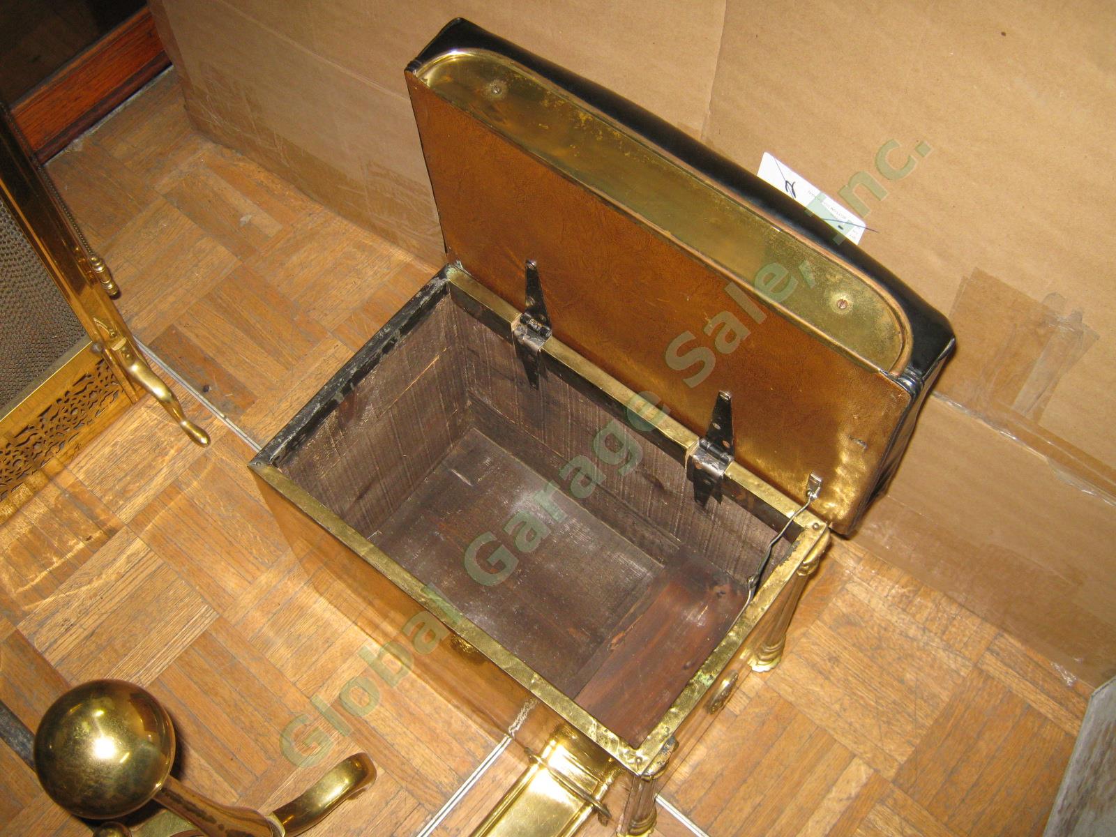 Vtg Antique Brass Fireplace Fender Screen Seats Andirons Tool Bellows Warmer Set 6
