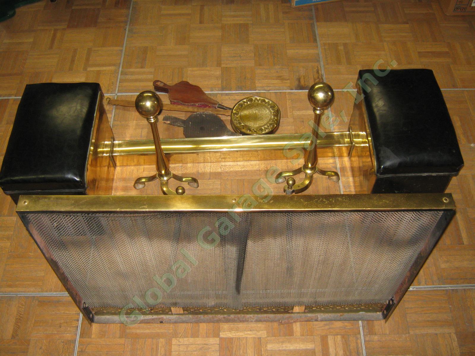 Vtg Antique Brass Fireplace Fender Screen Seats Andirons Tool Bellows Warmer Set 9