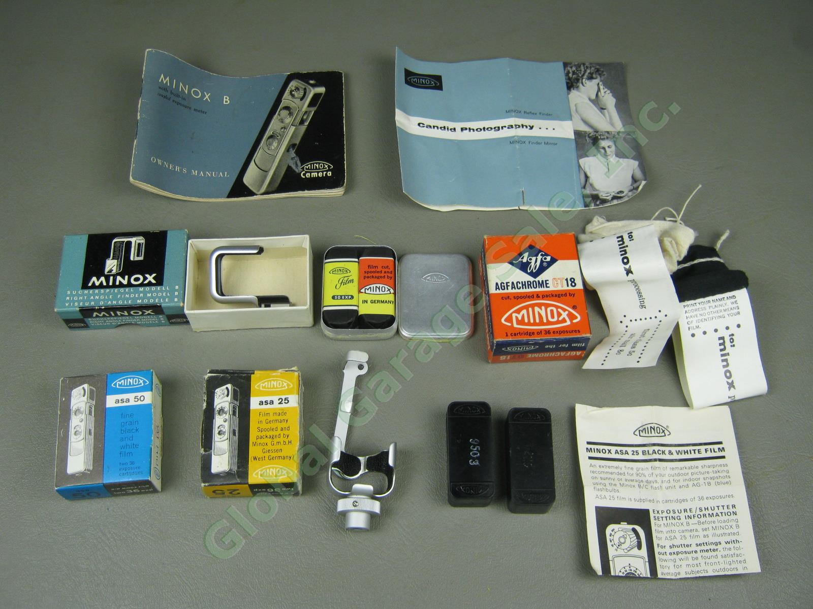 Vtg Minox B Camera Accessory Lot 8 Film Right Angle Finder Tripod Adapter Manual