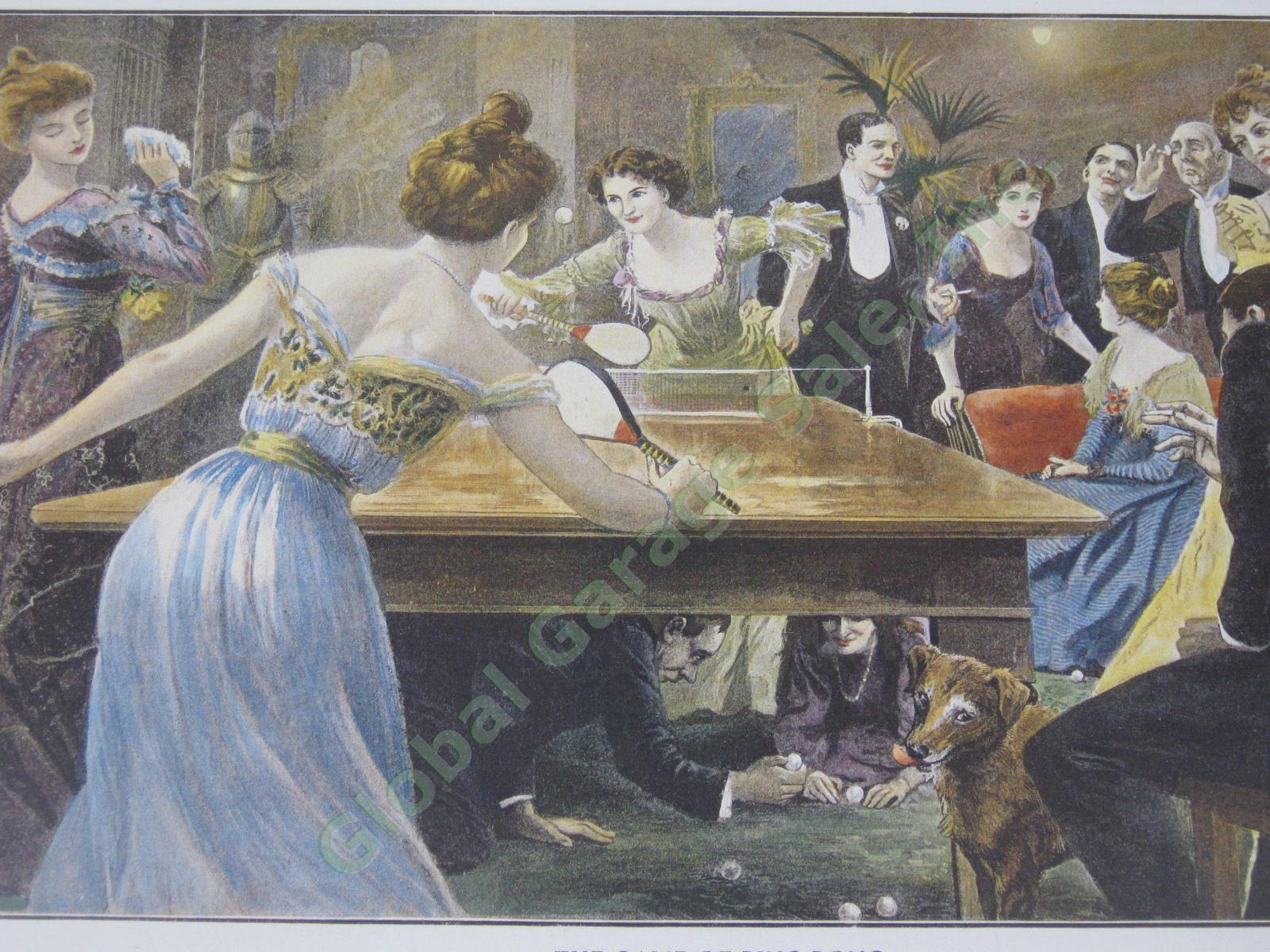 Vtg Antique Victorian Ping Pong Table Tennis Party Scene Print c. 1900 Framed NR 1