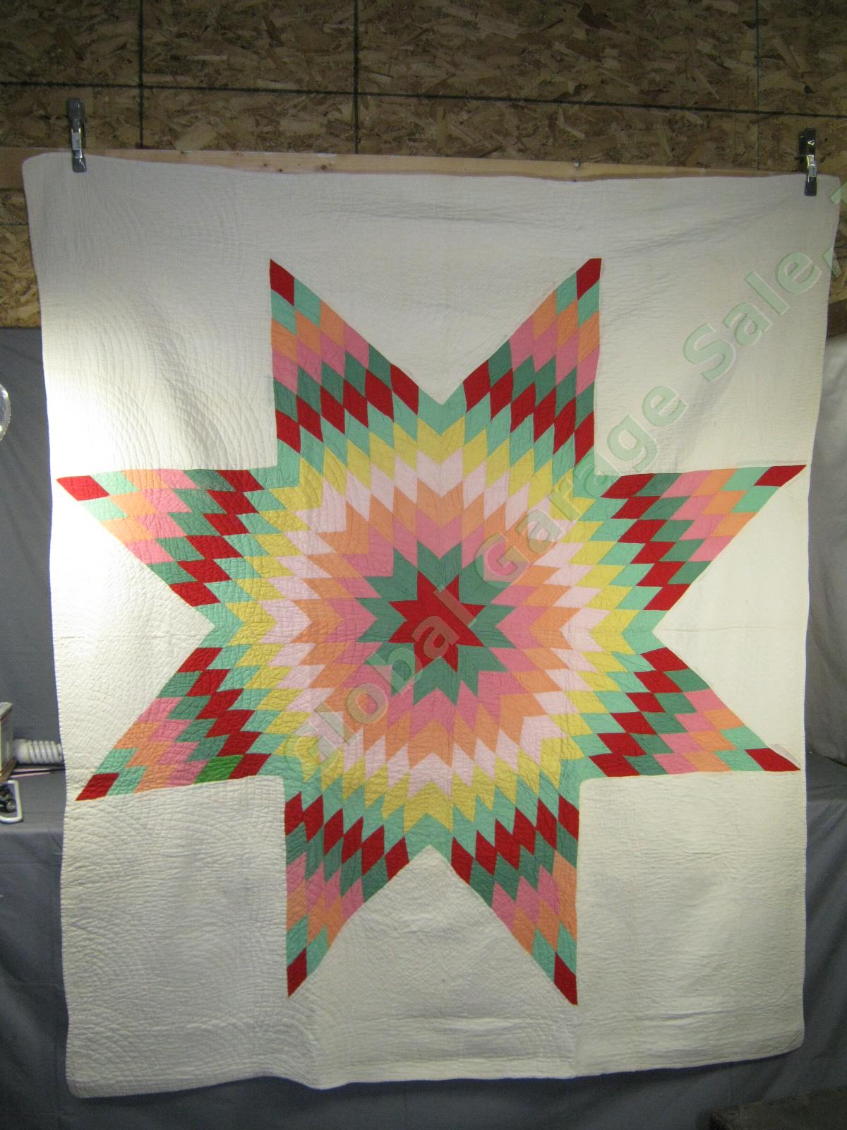 Vtg Antique Hand Made Red Green Pink Orange Yellow Lone Star Quilt 82" x 68" NR!