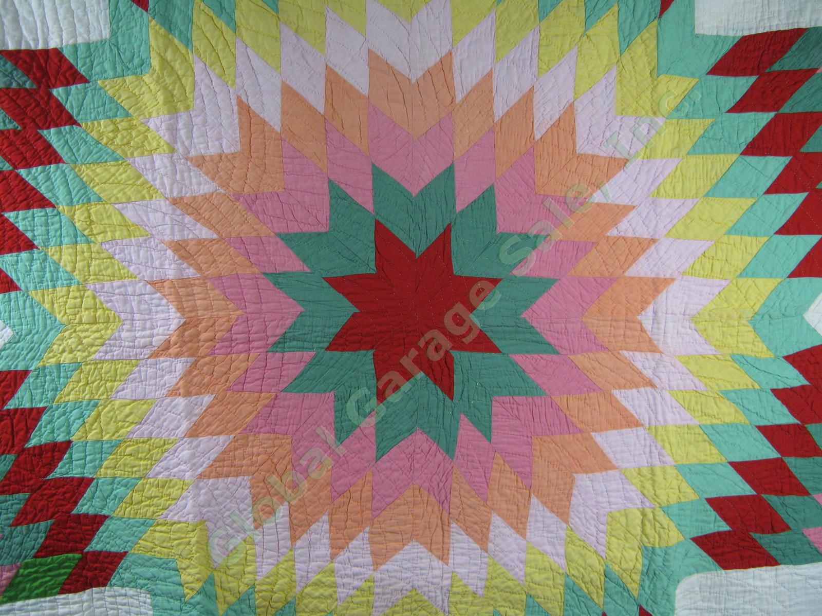 Vtg Antique Hand Made Red Green Pink Orange Yellow Lone Star Quilt 82" x 68" NR! 1