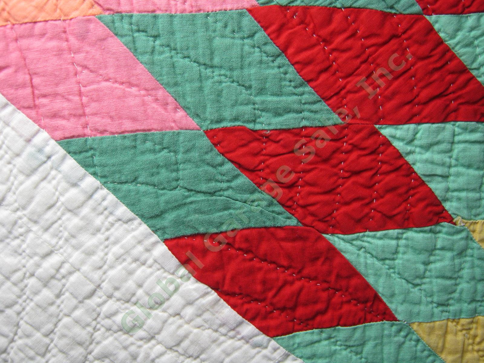 Vtg Antique Hand Made Red Green Pink Orange Yellow Lone Star Quilt 82" x 68" NR! 2