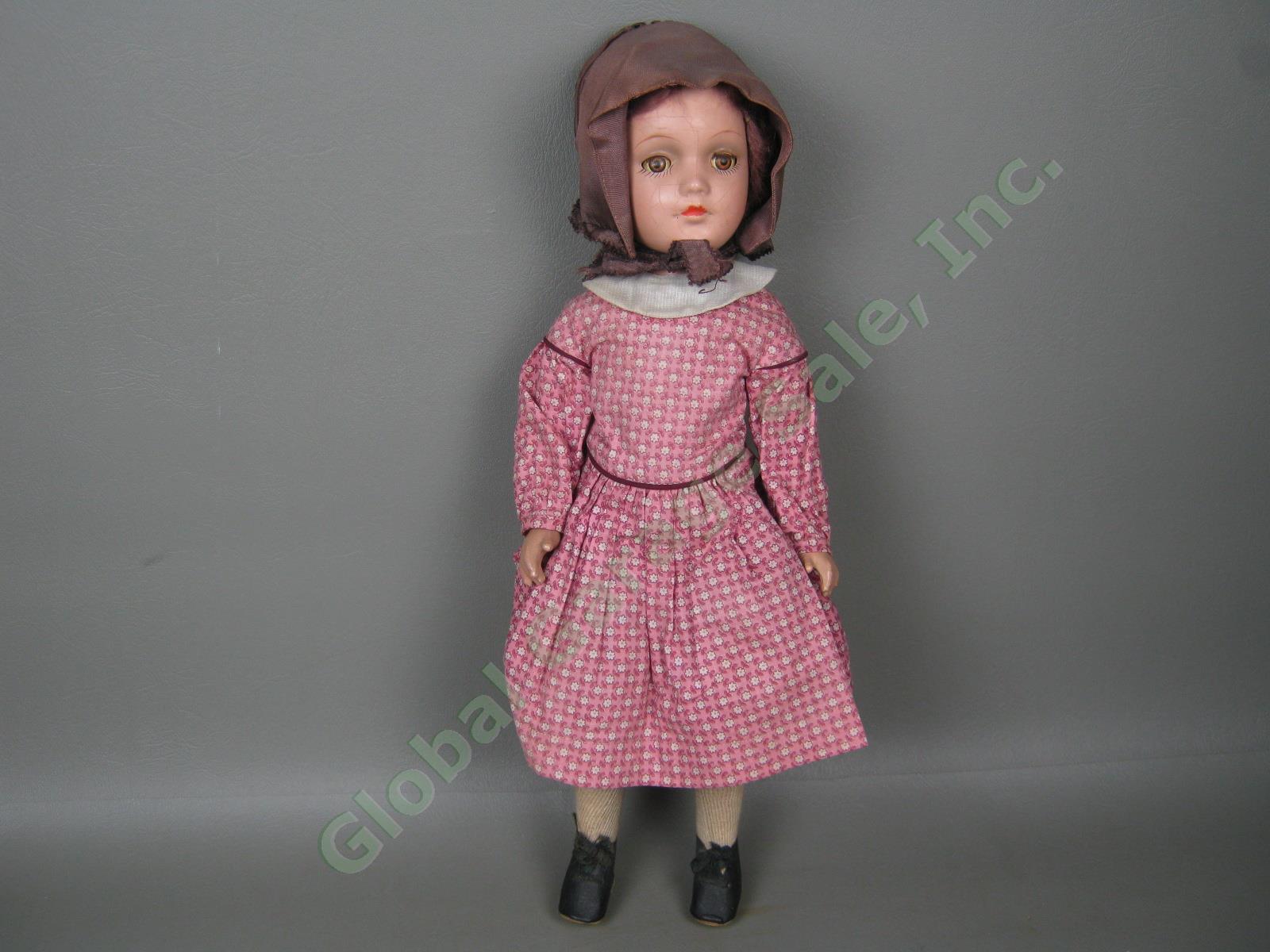 Vtg Antique 1941 Composition Thee Hannah Doll Red Dress + Bonnet 14" Mary Hoyer? 1
