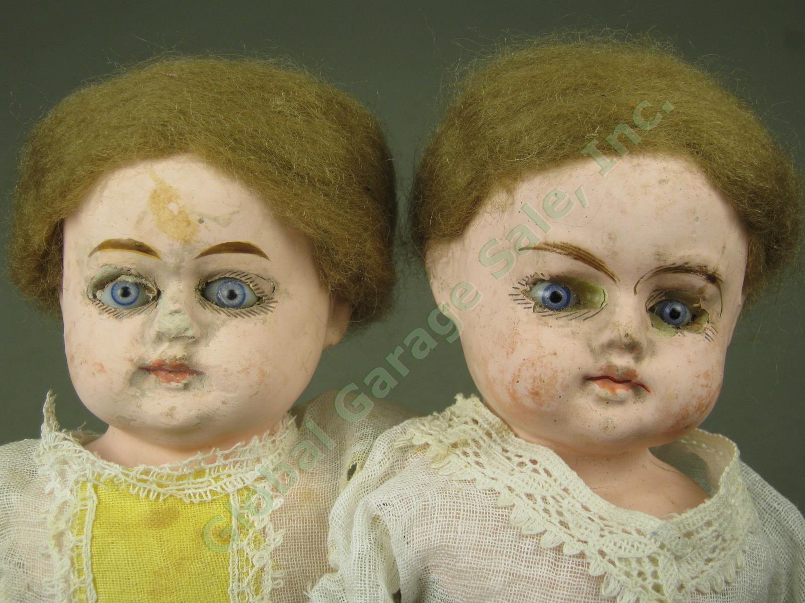 2 Antique 1870-1880 Patent Washable German Composition Head Limb Dolls 12" + 14"