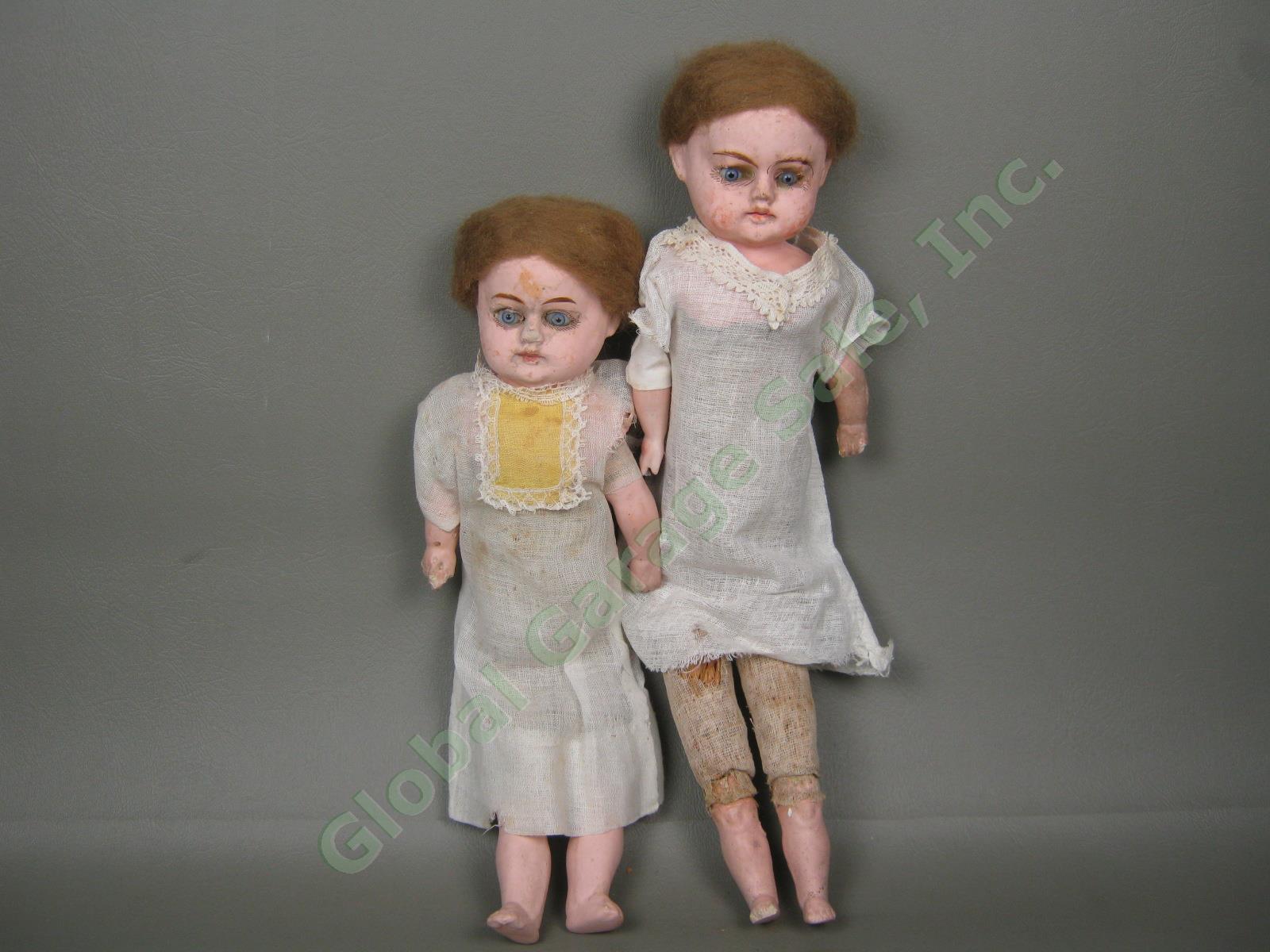 2 Antique 1870-1880 Patent Washable German Composition Head Limb Dolls 12" + 14" 1
