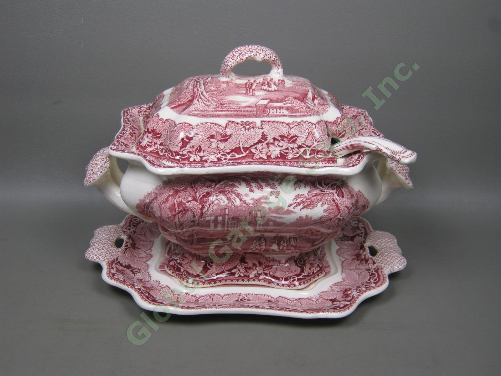 Antique Masons Pink Red Vista Ironstone China Soup Tureen + Lid Ladle Underplate