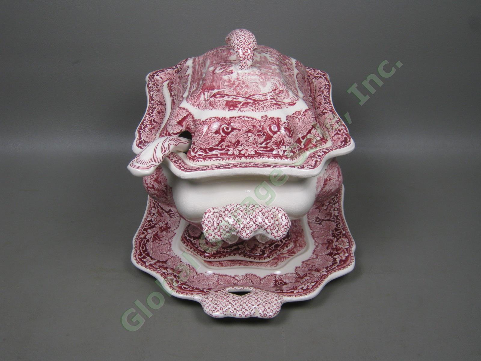Antique Masons Pink Red Vista Ironstone China Soup Tureen + Lid Ladle Underplate 1