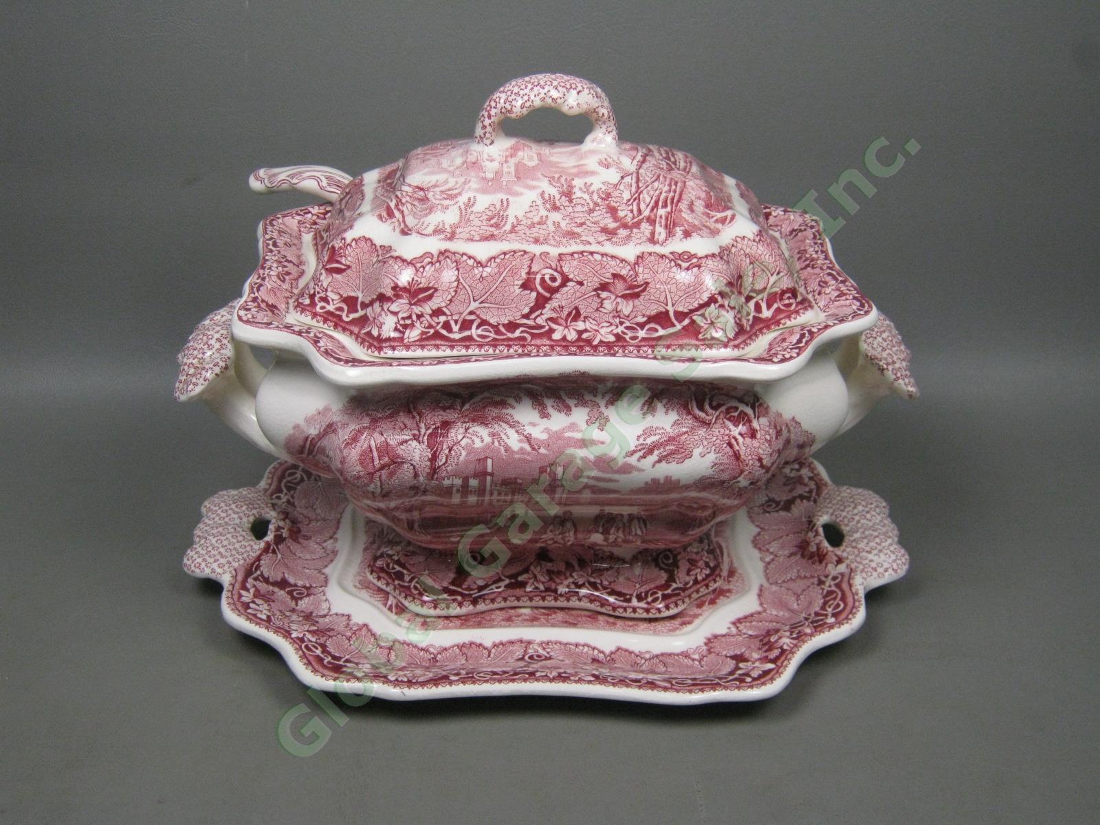 Antique Masons Pink Red Vista Ironstone China Soup Tureen + Lid Ladle Underplate 2