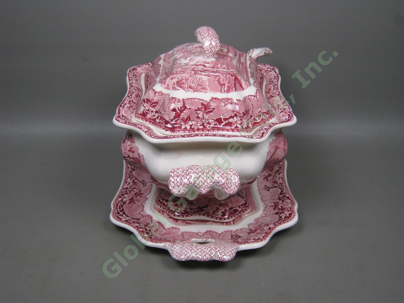 Antique Masons Pink Red Vista Ironstone China Soup Tureen + Lid Ladle Underplate 3