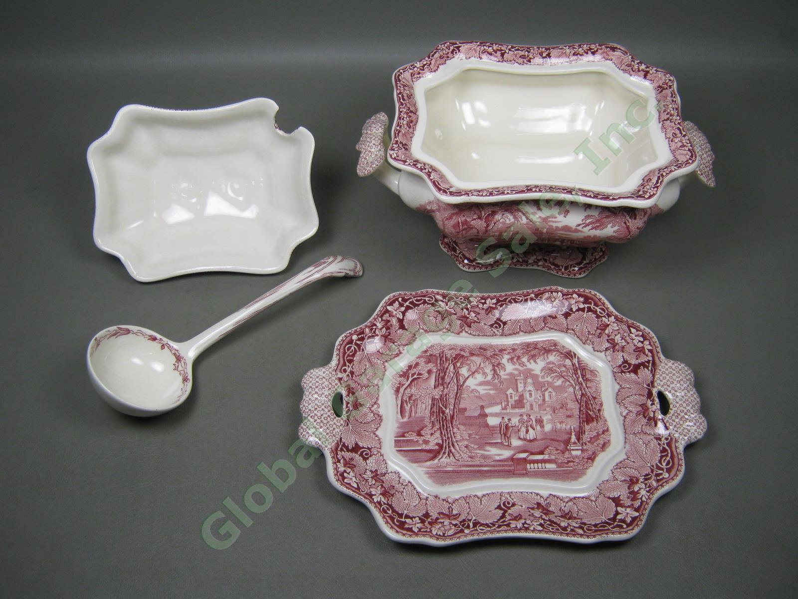 Antique Masons Pink Red Vista Ironstone China Soup Tureen + Lid Ladle Underplate 4