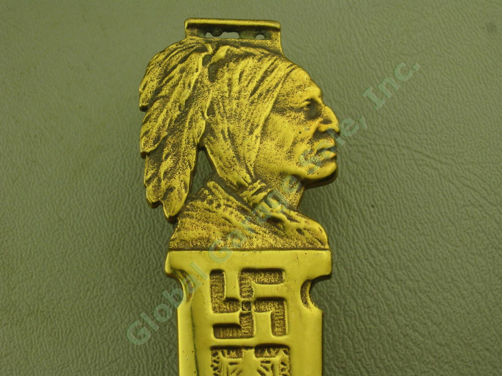 7" Vtg Antique Brass Letter Opener Native American Indian Chief Head Swastika NR