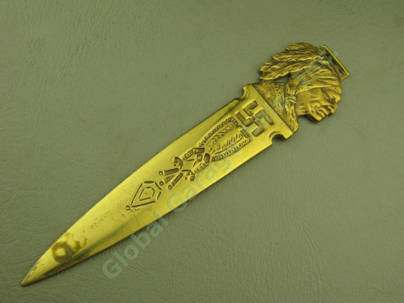 7" Vtg Antique Brass Letter Opener Native American Indian Chief Head Swastika NR 1