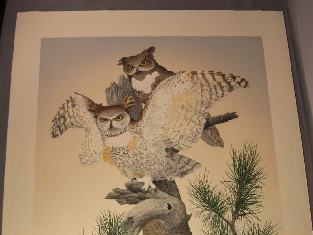Signed Mel Hunter Lithograph Great Horned Owls 5/200 NR 1