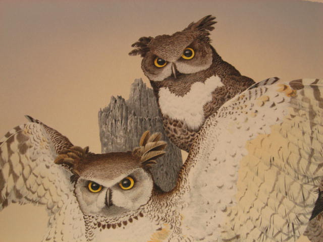 Signed Mel Hunter Lithograph Great Horned Owls 5/200 NR 3