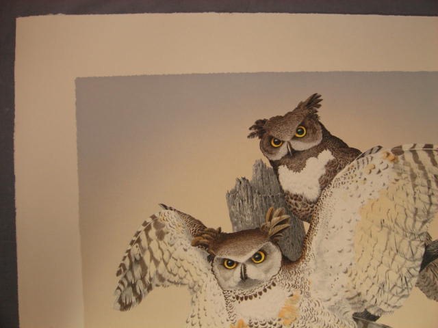 Signed Mel Hunter Lithograph Great Horned Owls 5/200 NR 4
