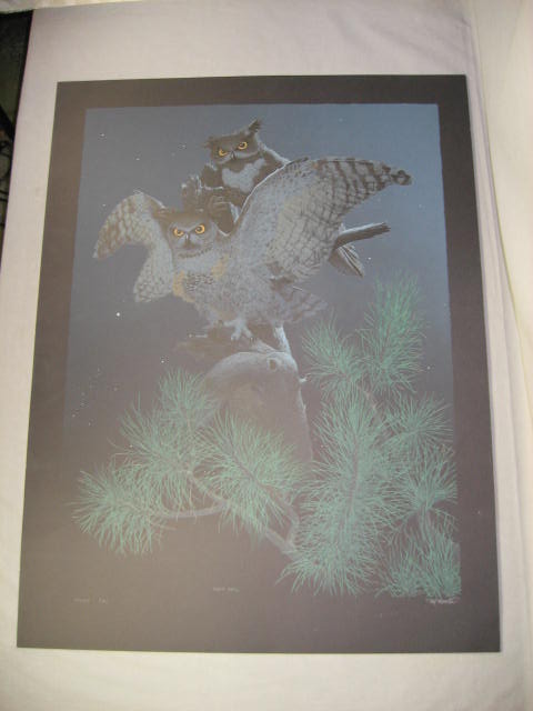 Signed Mel Hunter Lithograph Night Owls Bird Print NR