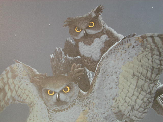 Signed Mel Hunter Lithograph Night Owls Bird Print NR 2