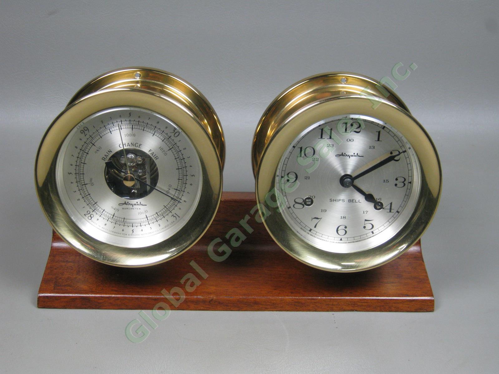 Airguide Brass Nautical Ships Bell Porthole Clock + Barometer Desk Set German NR