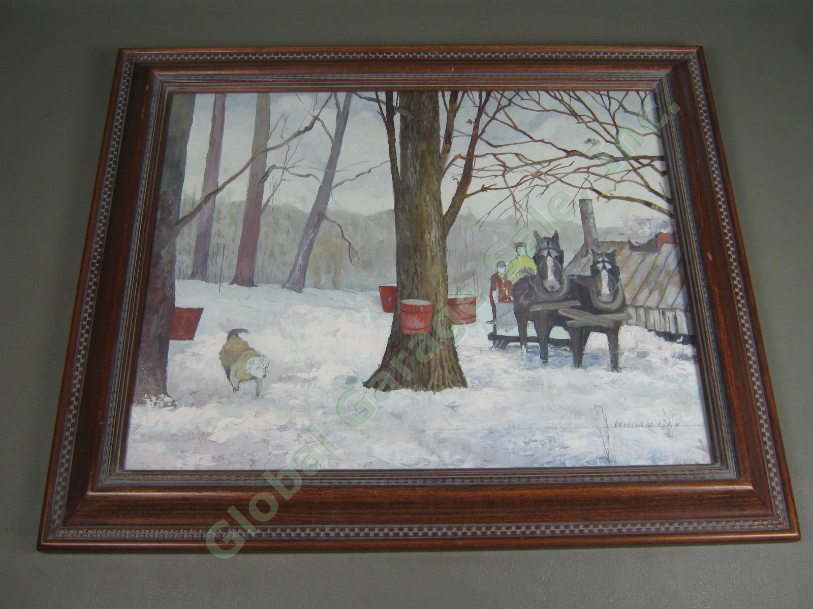 Vtg William Gay Vermont Oil Painting Winter Maple Sugaring Scene Horse + Sleigh