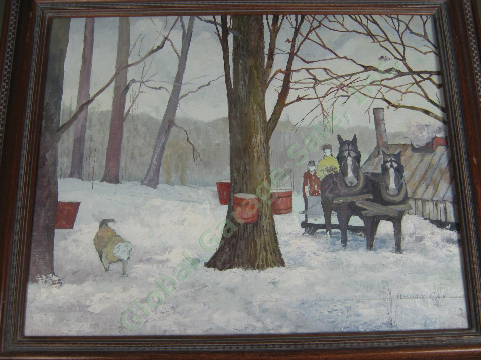 Vtg William Gay Vermont Oil Painting Winter Maple Sugaring Scene Horse + Sleigh 1