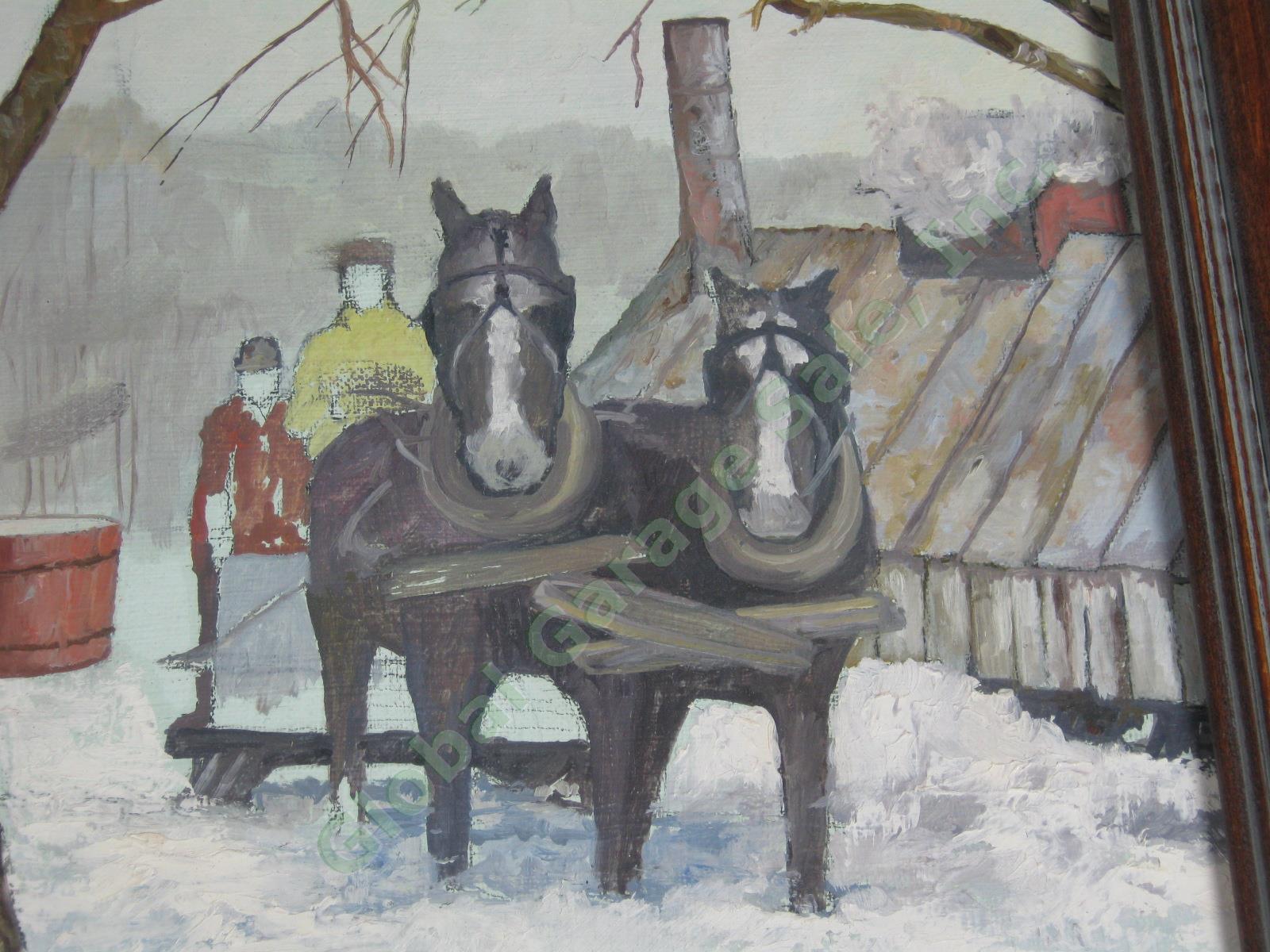 Vtg William Gay Vermont Oil Painting Winter Maple Sugaring Scene Horse + Sleigh 2