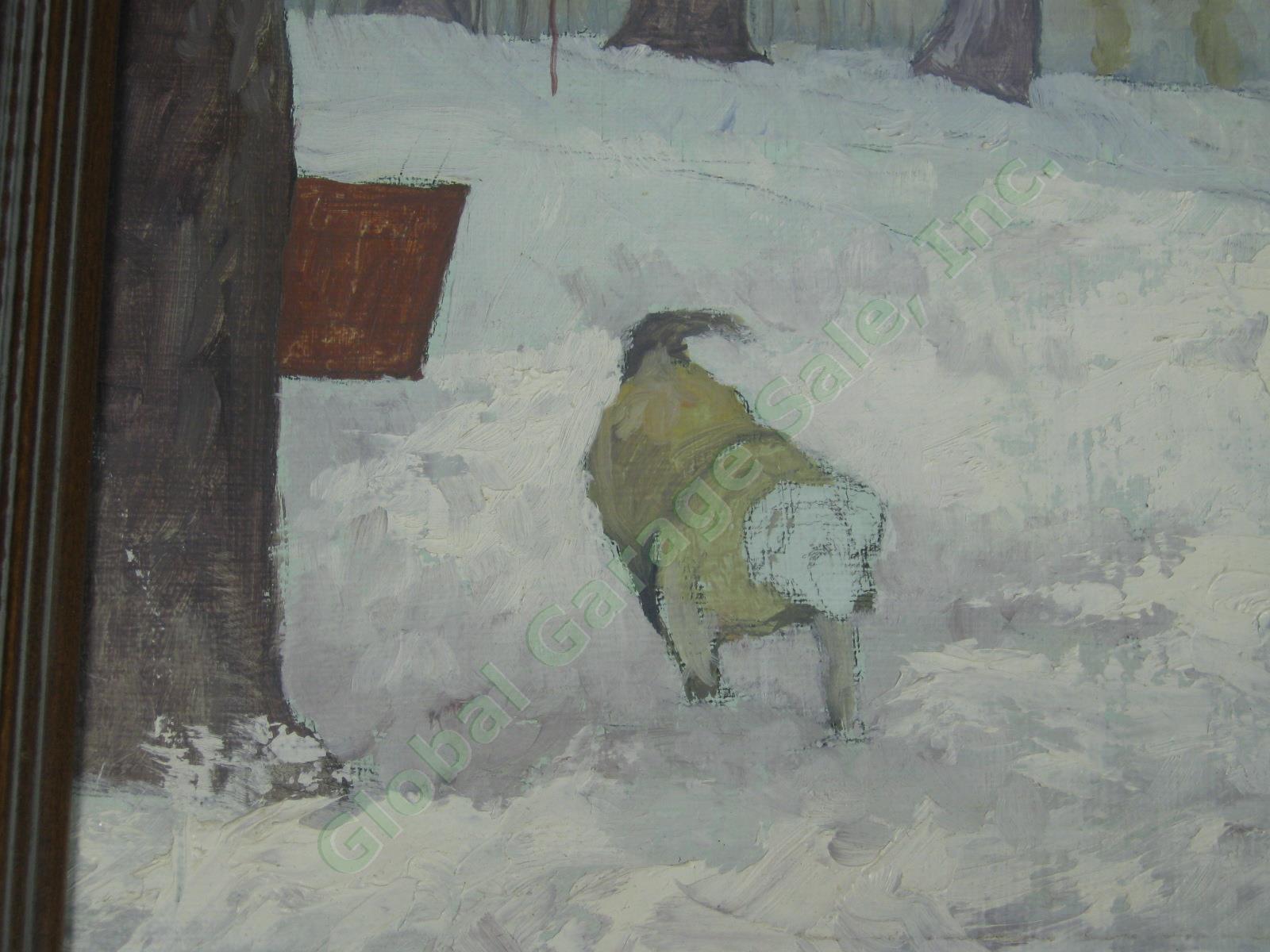 Vtg William Gay Vermont Oil Painting Winter Maple Sugaring Scene Horse + Sleigh 3