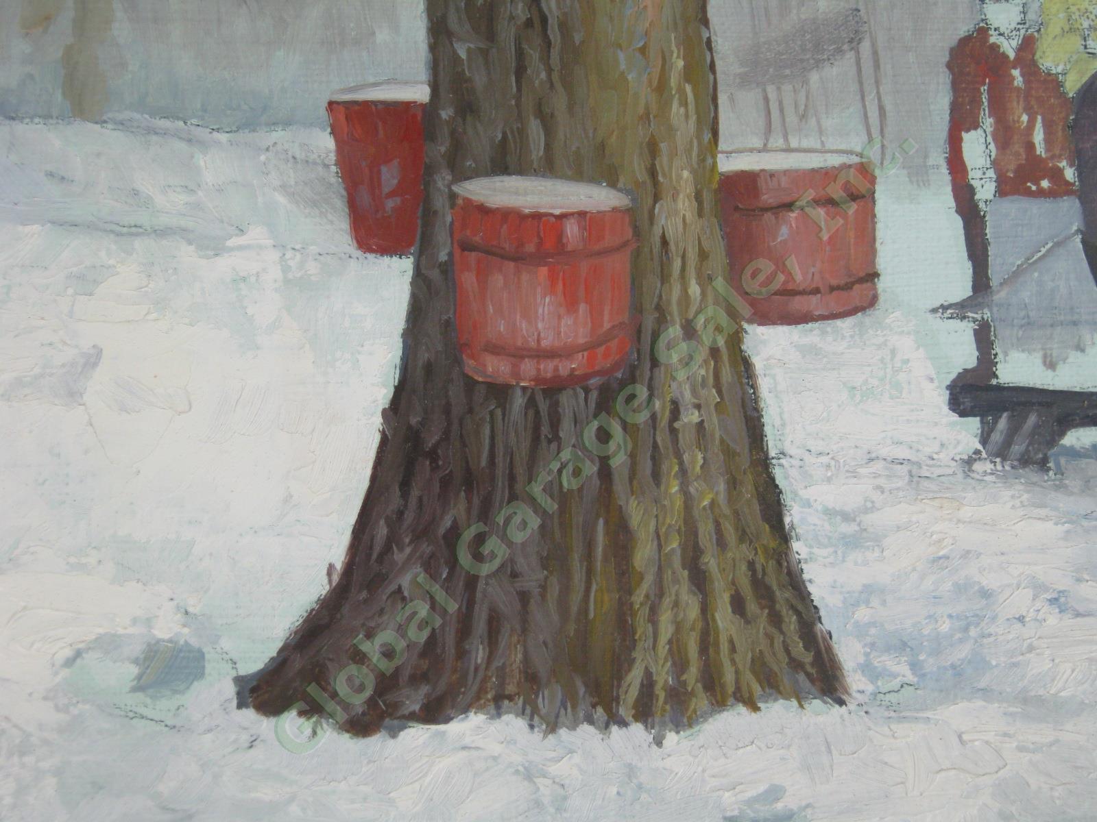 Vtg William Gay Vermont Oil Painting Winter Maple Sugaring Scene Horse + Sleigh 4
