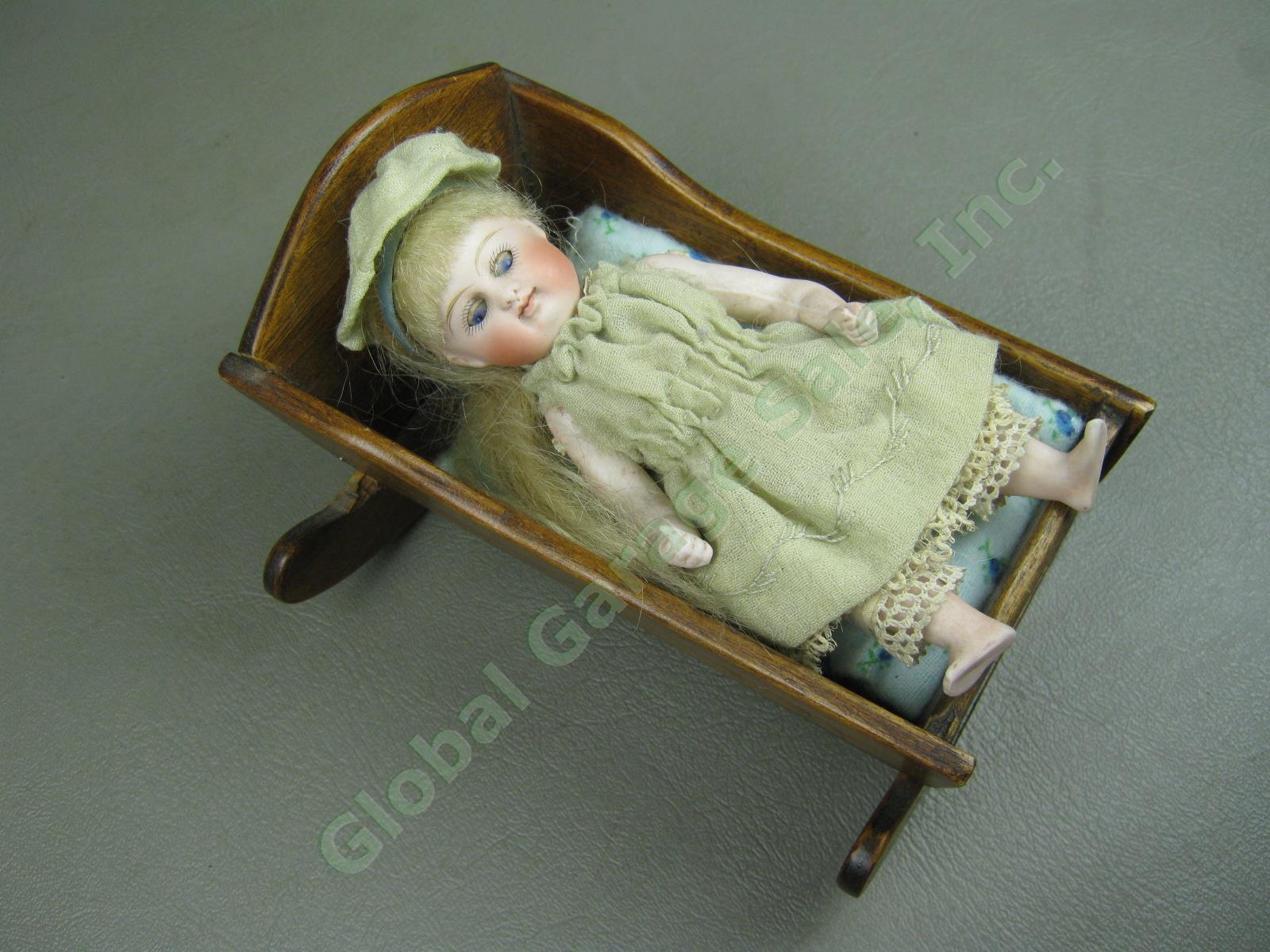 Vtg Antique 1880s-1890s French Bisque Girl Child Doll W/ Sleep Eyes Wood Cradle 1