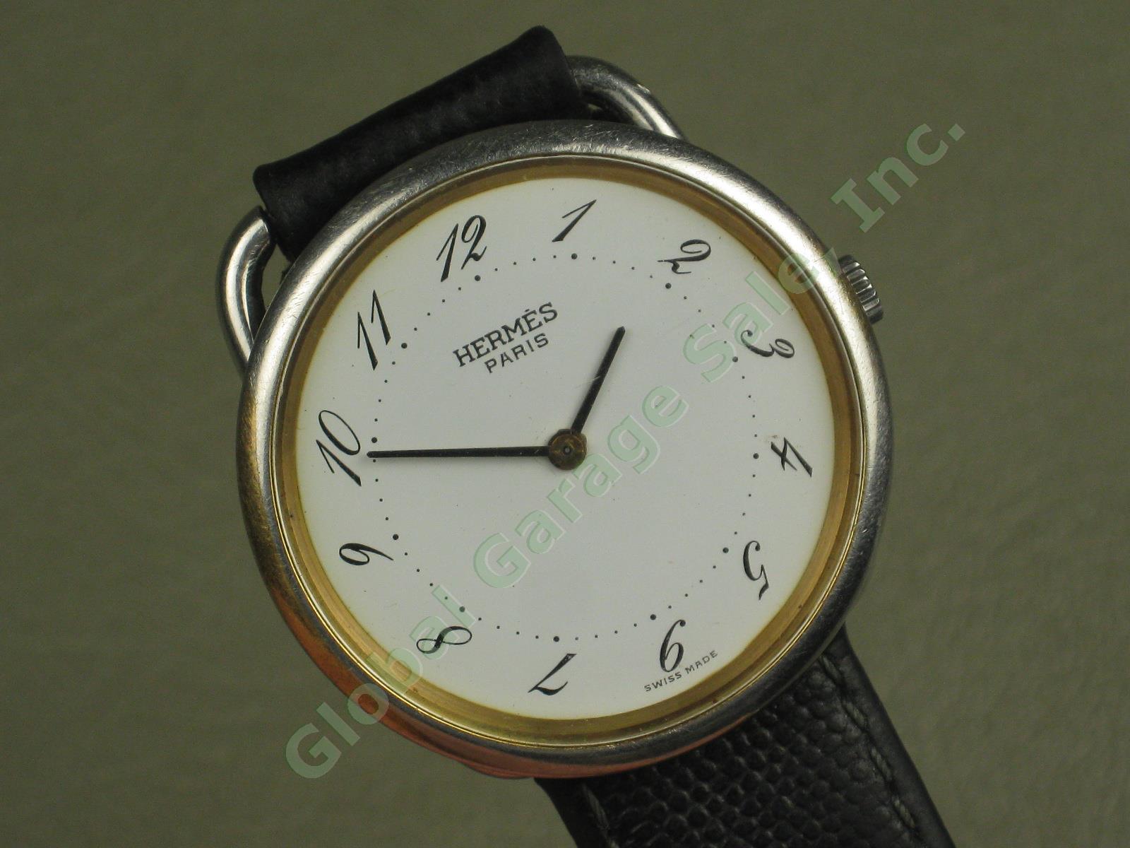 Mens Hermes Paris Arceau Swiss Made Water Resistant Quartz Watch W/ Leather Band