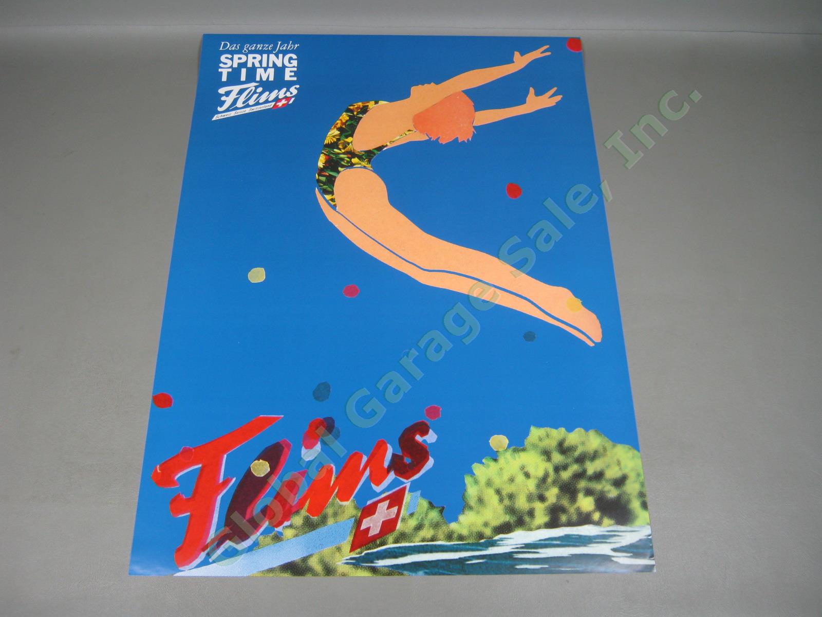 Vintage Flims Spring Time Swiss Travel Poster Diving Swimming Switzerland No Res