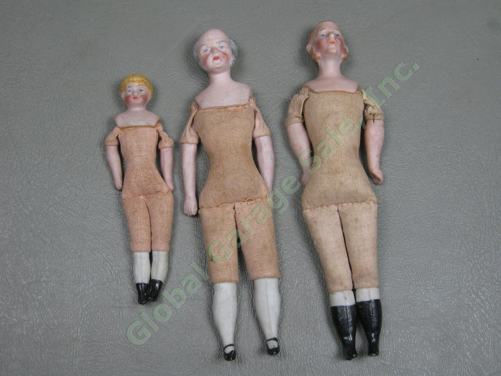 3 Vtg 1910 German Bisque Porcelain Head Arm Lower Leg Cloth Body Dollhouse Dolls