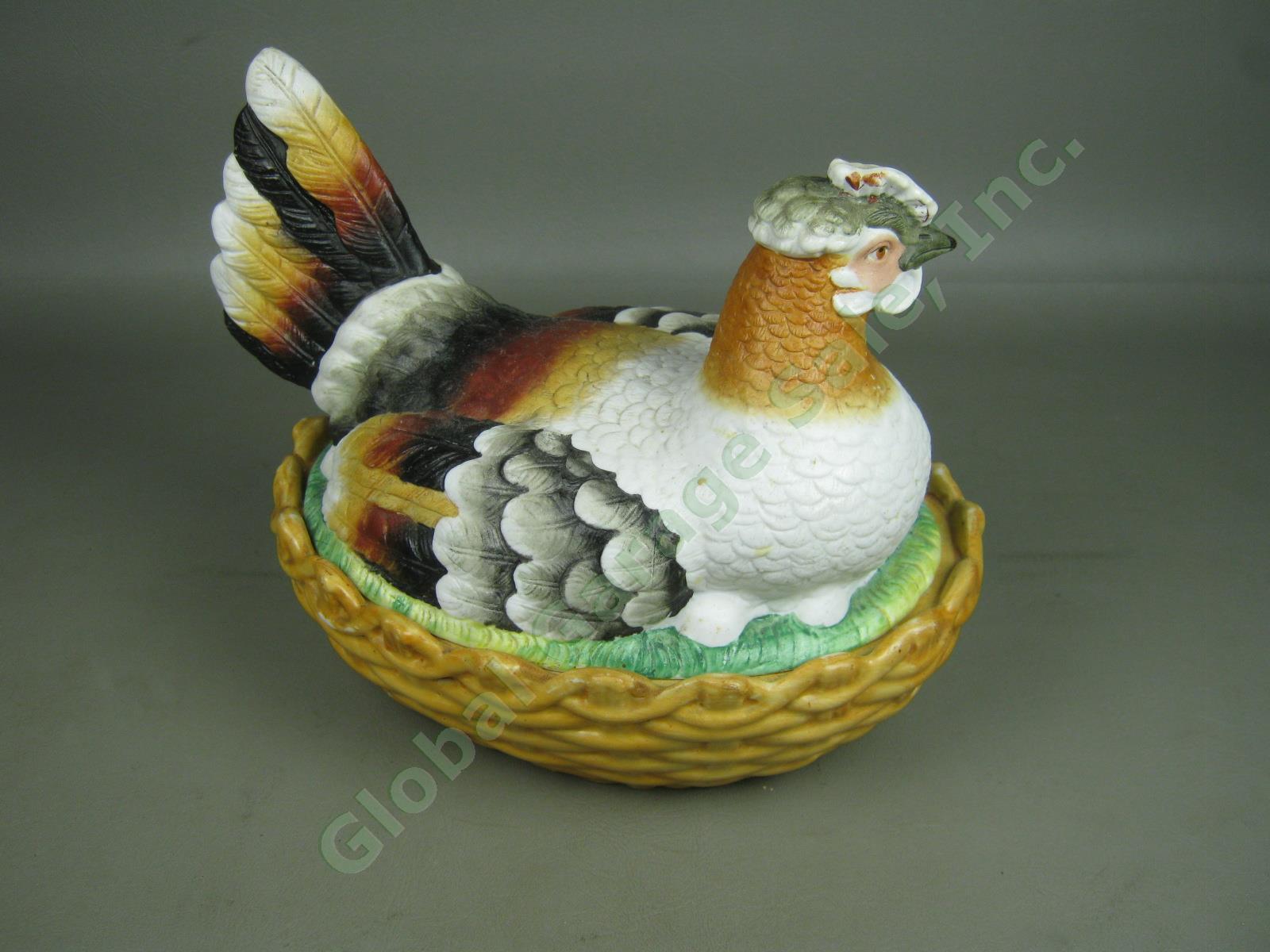 Antique Large Staffordshire Hen On Nest W/ Eggs Tureen Basket Covered Dish 9.5" 1