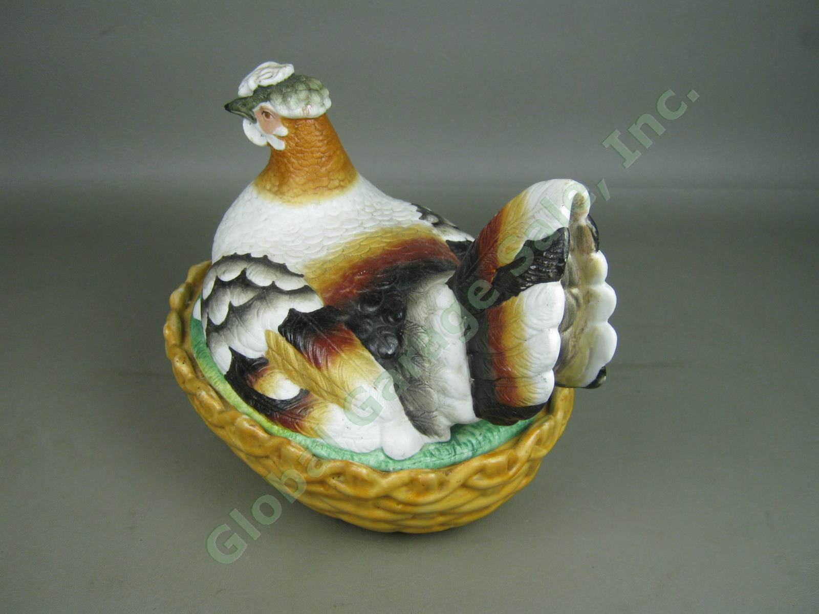 Antique Large Staffordshire Hen On Nest W/ Eggs Tureen Basket Covered Dish 9.5" 3