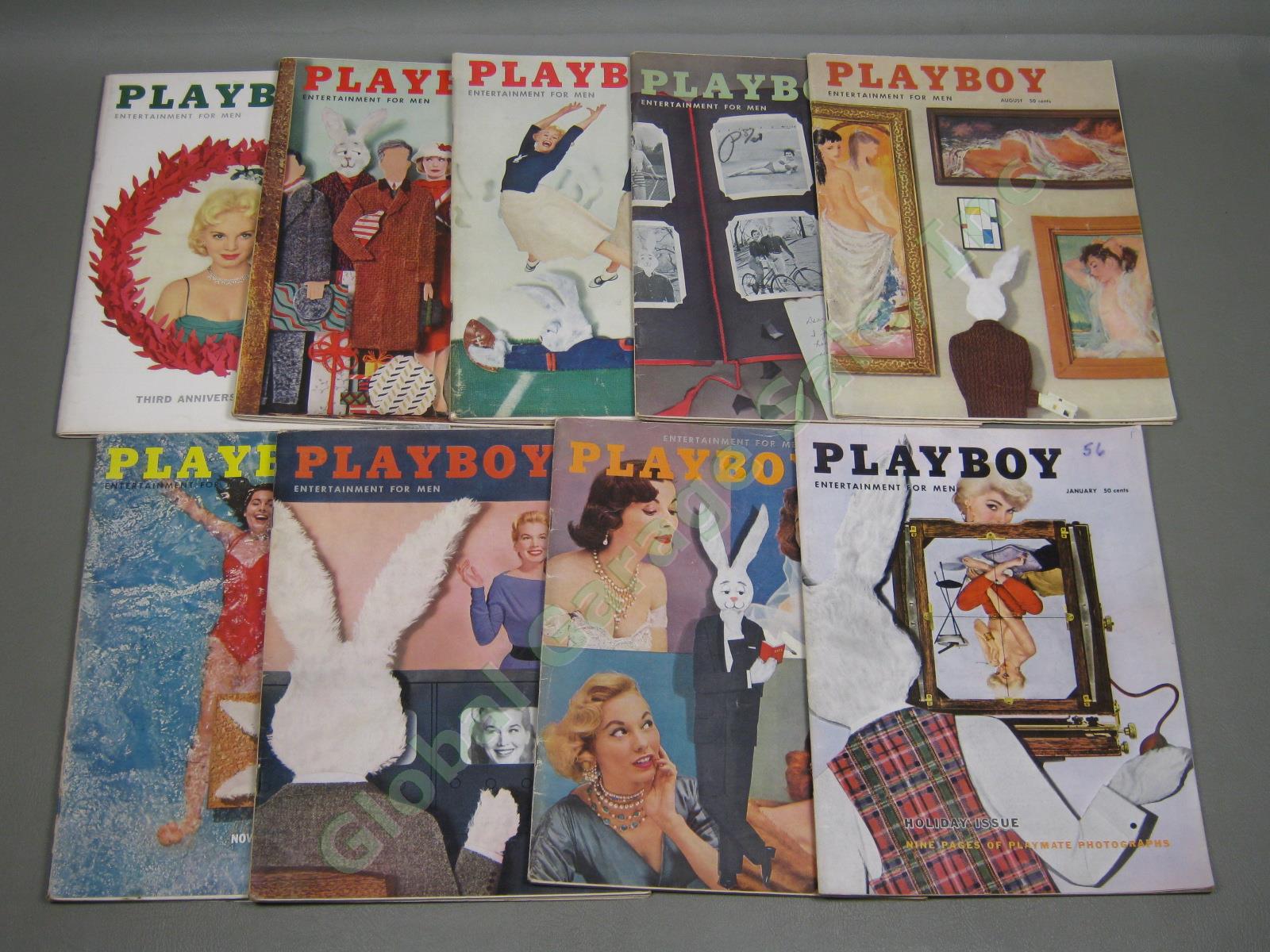 9 Vtg 1956 Playboy Magazines Almost Full Year W/ Centerfolds January February ++