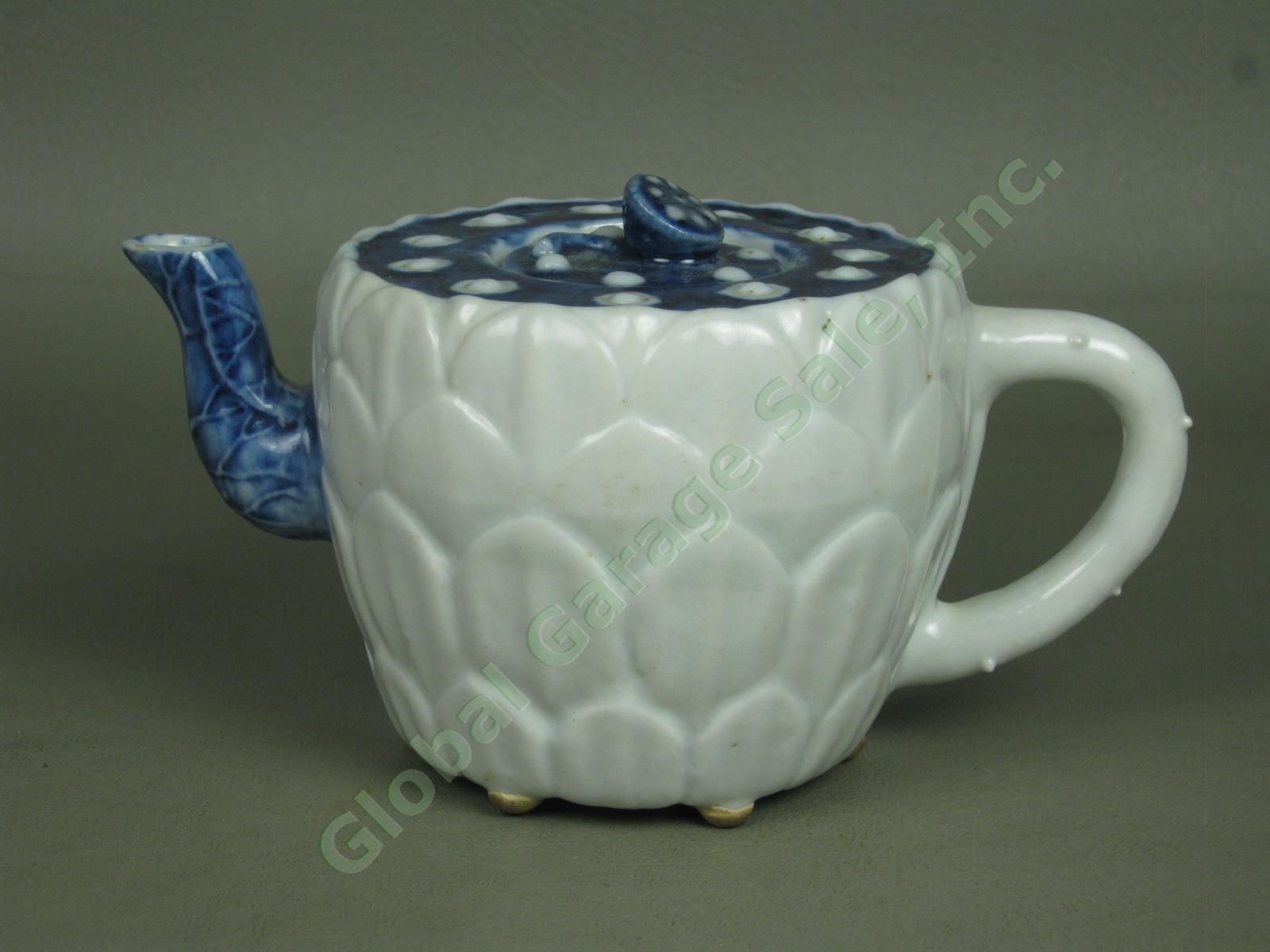 Antique Korean Lotus Flower Ceramic Pottery Teapot Blue White Korea Asian NR!