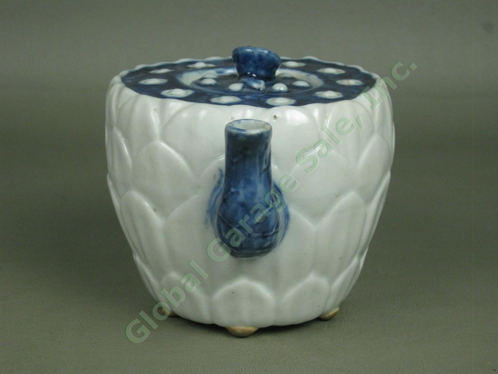 Antique Korean Lotus Flower Ceramic Pottery Teapot Blue White Korea Asian NR! 1