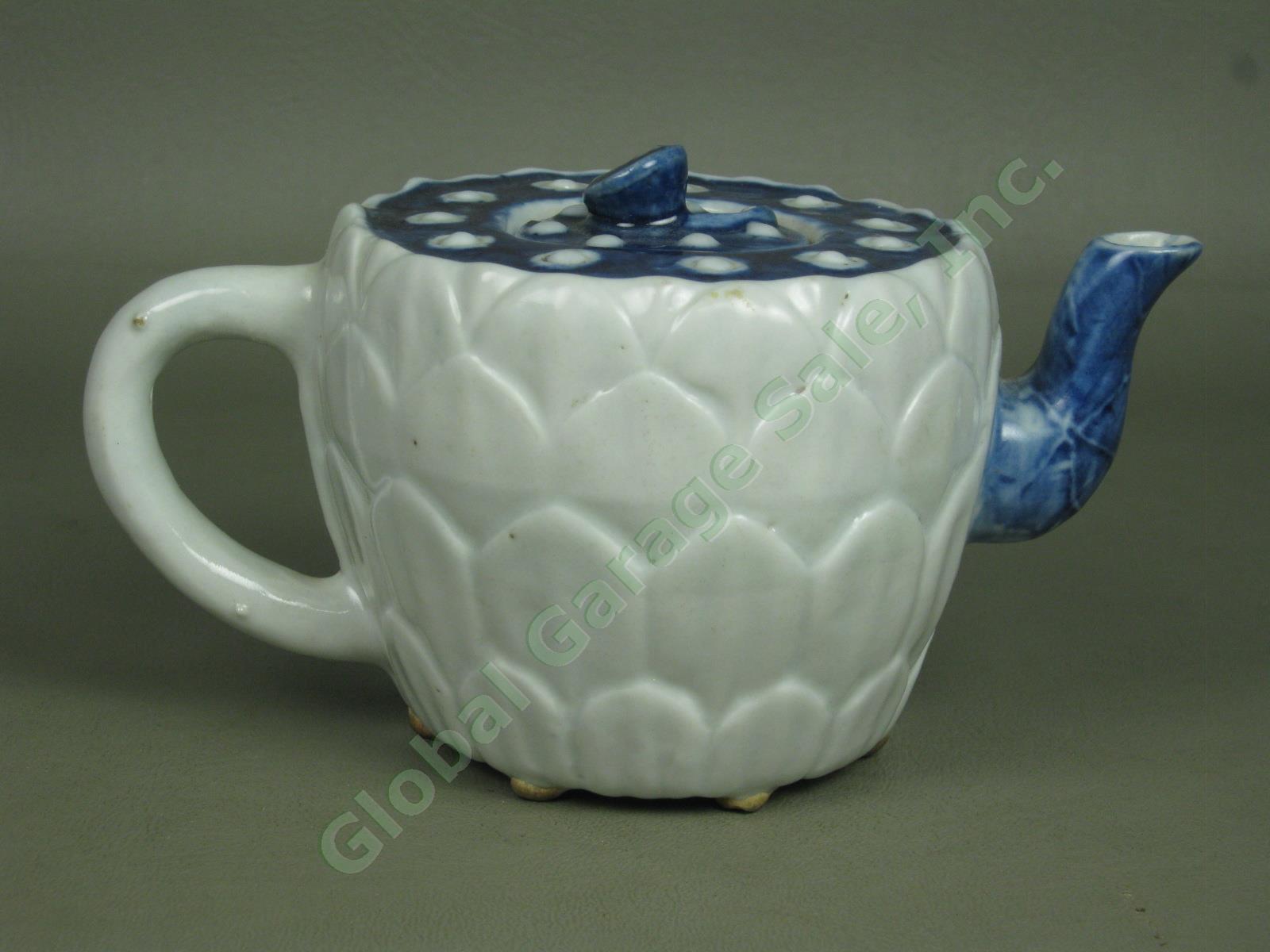 Antique Korean Lotus Flower Ceramic Pottery Teapot Blue White Korea Asian NR! 2