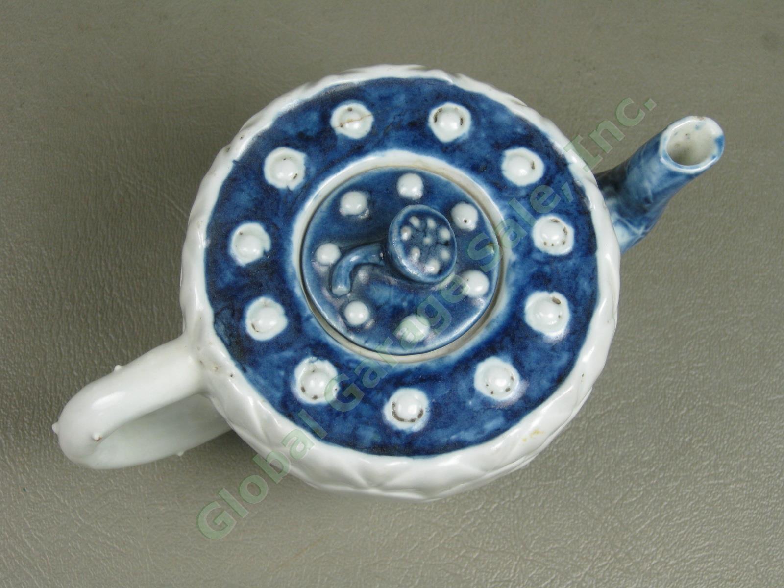 Antique Korean Lotus Flower Ceramic Pottery Teapot Blue White Korea Asian NR! 4