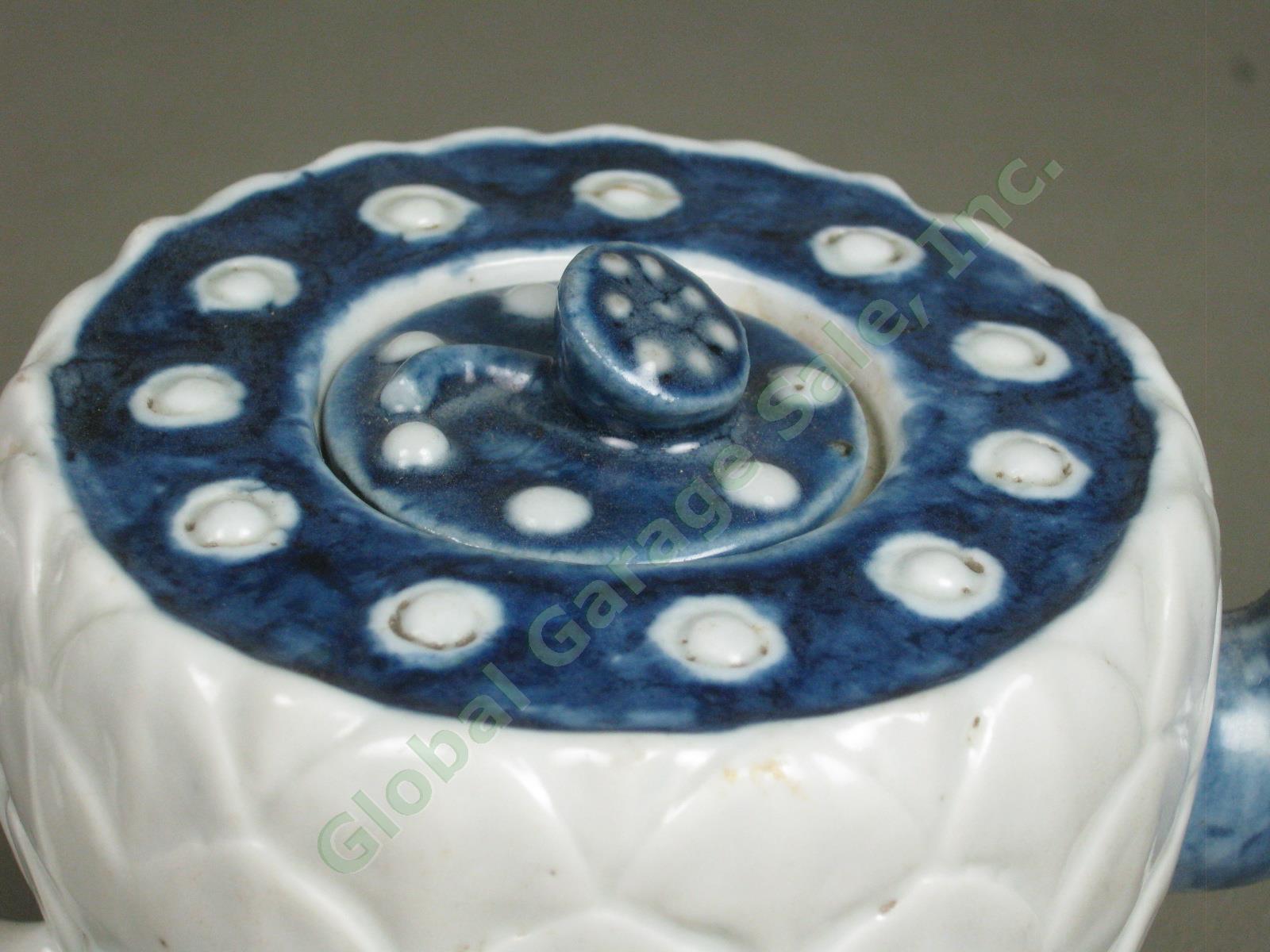 Antique Korean Lotus Flower Ceramic Pottery Teapot Blue White Korea Asian NR! 5
